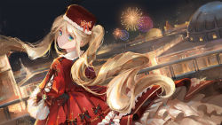 Rule 34 | 1girl, blonde hair, bow, closed mouth, dress, dutch angle, fireworks, floating hair, from behind, fur hat, green eyes, hair between eyes, hat, hat bow, highres, layered dress, lolita fashion, long dress, long hair, looking at viewer, looking back, night, original, outdoors, qie, red bow, red dress, red hat, smile, solo, standing, twintails, very long hair