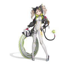 Rule 34 | 1girl, absurdres, animal ears, black jacket, blonde hair, bodysuit, breasts, cat ears, cat tail, chakram, cyan (user uefk4847), drill hair, fake animal ears, fake tail, full body, gloves, grey background, high heels, highres, hood, hooded jacket, jacket, long hair, looking at viewer, medium breasts, open clothes, open jacket, red eyes, shiro (tower of fantasy), simple background, skin tight, solo, standing, tachi-e, tail, tower of fantasy, twin drills, weapon, white background, white bodysuit, white gloves