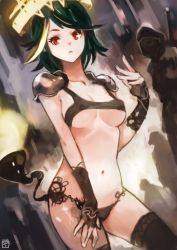 Rule 34 | 1girl, 3others, absurdres, armor, bikini, black bikini, black hair, breasts, dutch angle, fingerless gloves, gloves, green hair, halo, highres, looking at viewer, medium breasts, multiple others, okuto, original, red eyes, short hair, shoulder armor, solo focus, swept bangs, swimsuit, tail, thighhighs