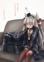 Rule 34 | 1girl, absurdres, amatsukaze (kancolle), black panties, blanket, brown dress, commentary request, couch, dress, feet out of frame, garter straps, hair tubes, hat, highres, kantai collection, kuuru (kuuru-n), long hair, looking at viewer, mini hat, panties, plaid, red thighhighs, sailor dress, short dress, silver hair, simple background, sitting, smokestack hair ornament, solo, striped clothes, striped thighhighs, thighhighs, translated, two side up, underwear, white background