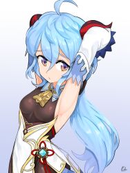 Rule 34 | 1girl, absurdres, ahoge, armpits, arms behind head, arms up, bell, black leotard, blue hair, bodystocking, bodysuit, breasts, chinese knot, detached sleeves, flower knot, ganyu (genshin impact), genshin impact, gold trim, highres, horns, kodineun haengbokhada, leotard, leotard under clothes, long hair, looking at viewer, low ponytail, medium breasts, neck bell, purple eyes, sidelocks, signature, solo, tassel, vision (genshin impact), white sleeves