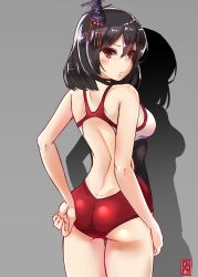 Rule 34 | 10s, 1girl, adjusting clothes, adjusting swimsuit, alternate costume, ass, black hair, competition swimsuit, grey background, hair ornament, headgear, highres, kantai collection, looking back, momimaki, one-piece swimsuit, red eyes, shadow, short hair, solo, swimsuit, yamashiro (kancolle)