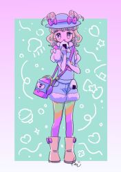 Rule 34 | 1girl, blonde hair, blue hat, blue overalls, boots, bow, commentary request, double bun, food, full body, hair bun, hand up, hat, holding, holding food, idol time pripara, looking at viewer, onigiri, open mouth, overall shorts, overalls, pantyhose, pink bow, pretty series, pripara, puffy short sleeves, puffy sleeves, purple eyes, rice cooker, rituyama1, short sleeves, signature, solo, standing, star (symbol), takki (pripara), two side up, yumekawa yui