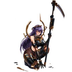 Rule 34 | 1girl, ass, boots, breasts, elbow gloves, full body, game cg, gloves, hair between eyes, highres, holding, holding scythe, holding weapon, large breasts, last origin, looking at viewer, looking back, official art, one (dnjsaos86), purple hair, red eyes, scythe, solo, tachi-e, thigh boots, thighhighs, transparent background, veronica type-asc, weapon