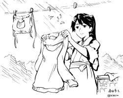 Rule 34 | 10s, 1girl, animal, artist name, bad id, bad twitter id, bird, bra, cat cutout, cat lingerie, cleavage cutout, clothesline, clothing cutout, greyscale, houshou (kancolle), imada hidehito, japanese clothes, kantai collection, kimono, laundry, laundry basket, long hair, long sleeves, meme attire, monochrome, motherly, open-chest sweater, outdoors, signature, sky, smile, solo, sunlight, sweater, tree, twitter username, underwear