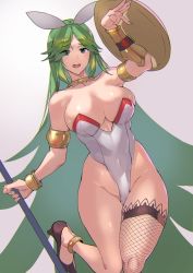 Rule 34 | 1girl, animal ears, anklet, armlet, ashiomi masato, black footwear, bracelet, breasts, choker, cleavage, covered navel, fake animal ears, female focus, fishnet thighhighs, fishnets, green eyes, green hair, high heels, highleg, highleg leotard, holding, holding staff, jewelry, kid icarus, large breasts, leotard, long hair, matching hair/eyes, nintendo, open mouth, palutena, playboy bunny, rabbit ears, shield, skindentation, solo, staff, thighhighs, thighs, very long hair, white leotard