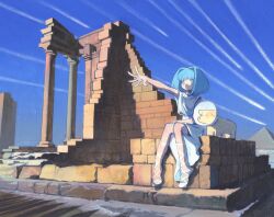 Rule 34 | 1girl, aqua eyes, aqua hair, blue eyes, blue hair, brick, brick wall, cross-laced footwear, dog, dress, hair intakes, hand on own knee, highres, medium hair, no mouth, original, outstretched arm, outstretched hand, pet, pet cone, pillar, pyramid (structure), reaching, ruins, seasideiiii, shoes, sitting, sleeveless, solo, white dress, white footwear