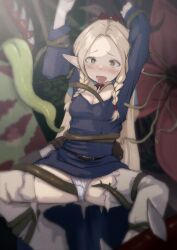 Rule 34 | 1girl, arms up, blonde hair, blue tunic, blush, braid, breasts, cleavage, commentary request, dungeon meshi, elf, forehead, green eyes, grey pantyhose, highres, long hair, long sleeves, marcille donato, open mouth, panties, pantyhose, pointy ears, side braids, small breasts, spread legs, sukoyasu r, tentacles, tongue, tongue out, torn clothes, torn pantyhose, twin braids, underwear, white panties