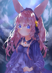 Rule 34 | 1girl, animal ears, blue eyes, blush, breasts, brooch, cloud, detached collar, dress, expressionless, hair ribbon, highres, jewelry, long hair, long sleeves, looking at viewer, mutou mato, night, original, outdoors, pink hair, purple dress, rabbit ears, ribbon, sky, small breasts, solo, star (sky), starry sky, upper body
