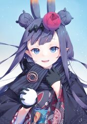 Rule 34 | 1girl, absurdres, aeon ion, animal ears, black gloves, black kimono, black scarf, blue eyes, blunt bangs, braid, braided bun, double bun, flat chest, floral print, flower, furisode, gloves, hair bun, hair flower, hair ornament, haori, highres, holding, holding snowball, hololive, hololive english, japanese clothes, kimono, long hair, long sleeves, looking at viewer, mole, mole under eye, ninomae ina&#039;nis, ninomae ina&#039;nis (new year), official alternate costume, patterned clothing, pointy ears, print kimono, purple hair, scarf, sidelocks, snowball, solo, striped clothes, striped scarf, virtual youtuber, wide sleeves