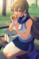 Rule 34 | 1girl, absurdres, bench, blonde hair, breasts, brown eyes, duel academy uniform (yu-gi-oh! gx), food, gloves, hair between eyes, highres, large breasts, long hair, looking at viewer, medium breasts, muffin, open mouth, skirt, sleeveless, solo, tenjouin asuka, tree, unworn gloves, yu-gi-oh!, yu-gi-oh! gx