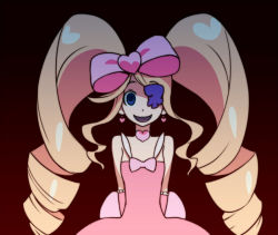Rule 34 | 10s, 1girl, arms behind back, bare shoulders, big hair, blonde hair, blue eyes, bow, crazy, dress, drill hair, empty eyes, eyepatch, hair bow, harime nui, kill la kill, long hair, pink bow, smile, solo, strapless, strapless dress, twin drills, twintails, wata do chinkuru