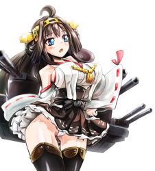 Rule 34 | 10s, 1girl, ahoge, blue eyes, blush, boots, breasts, brown hair, cannon, cowboy shot, detached sleeves, frilled skirt, frills, headgear, hm (hmongt), japanese clothes, kantai collection, kongou (kancolle), large breasts, mecha musume, miko, miniskirt, nontraditional miko, open mouth, personification, ribbon-trimmed sleeves, ribbon trim, skirt, solo, thigh boots, thigh gap, thighhighs, white background, wide sleeves