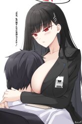 Rule 34 | 1boy, 1girl, artist name, black hair, black jacket, blue archive, blush, breast smother, breasts, collarbone, face to breasts, halo, hetero, highres, jacket, keenh, large breasts, long hair, long sleeves, looking at another, parted lips, red eyes, rio (blue archive), sensei (blue archive), simple background, solo focus, translation request, white background