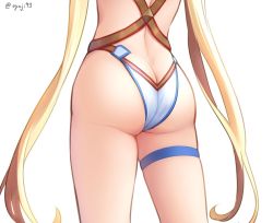 Rule 34 | 1girl, ass, blonde hair, bradamante (fate), bradamante (third ascension) (fate), commentary request, fate/grand order, fate (series), from behind, leotard, long hair, oyaji-sou, simple background, solo, thighs, twintails, very long hair, white background, white leotard