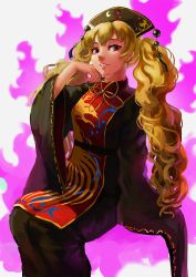 Rule 34 | 1girl, alternate hairstyle, aura, black dress, black hat, blonde hair, chinese clothes, commentary request, crescent, dress, eyelashes, grey background, hand on own cheek, hand on own face, hand up, hat, highres, junko (touhou), long hair, long sleeves, looking at viewer, nose, parted lips, red eyes, simple background, sitting, smile, solo, tabard, tassel, touhou, twintails, very long hair, wide sleeves, yasaidon