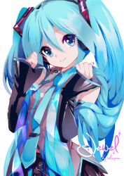 Rule 34 | 1girl, artist name, black skirt, black sleeves, blue eyes, blue hair, blue necktie, closed mouth, collared shirt, commentary, cowboy shot, detached sleeves, english commentary, grey legwear, hair between eyes, hands up, hatsune miku, head tilt, headset, highres, long hair, long sleeves, looking at viewer, necktie, shirt, simple background, skirt, smile, solo, takepon1123, twintails, very long hair, vocaloid, white background
