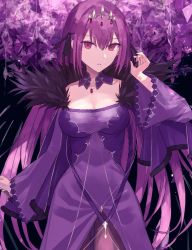 Rule 34 | 1girl, arm up, black background, black ribbon, breasts, cleavage, dress, fate/grand order, fate (series), feather trim, fur-trimmed dress, fur trim, gem, hair between eyes, headpiece, highres, holding, holding wand, looking at viewer, medium breasts, pantyhose, purple dress, purple gemstone, purple hair, red eyes, ribbon, scathach (fate), scathach skadi (fate), solo, thkani, tiara, wand, wide sleeves