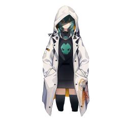 Rule 34 | 1girl, antonina (neural cloud), aqua hair, artist request, black thighhighs, closed mouth, cropped legs, expressionless, girls&#039; frontline neural cloud, hair between eyes, hands in pockets, hat, highres, hood, hood up, hooded jacket, jacket, long hair, long sleeves, looking at viewer, mask, unworn mask, official art, open clothes, open jacket, orange eyes, solo, standing, thighhighs, third-party source, transparent background, white jacket