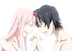 Rule 34 | 10s, 1boy, 1girl, bare shoulders, black hair, blue horns, closed eyes, collarbone, commentary request, couple, darling in the franxx, face-to-face, facing another, fang, forehead-to-forehead, heads together, hetero, hiro (darling in the franxx), holding hands, horns, interlocked fingers, long hair, looking at another, oni horns, open mouth, pink hair, red horns, short hair, thirukin, topless male, zero two (darling in the franxx)