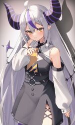 Rule 34 | 1girl, ahoge, ascot, black dress, black nails, blush, braid, demon girl, demon horns, detached sleeves, dress, grey hair, hand up, highres, hololive, horns, la+ darknesss, long hair, long sleeves, looking at viewer, multicolored hair, o-ring, parted lips, pointy ears, purple hair, side slit, sidelocks, sleeveless, sleeveless dress, sleeves past wrists, solo, streaked hair, striped horns, thomas 8000, very long hair, virtual youtuber, yellow ascot, yellow eyes