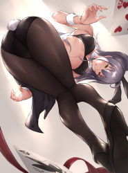 Rule 34 | 1girl, ace (playing card), ace of hearts, animal ears, ass, bent over, black pantyhose, breasts, card, detached collar, fake animal ears, granblue fantasy, grey hair, heart, high heels, leotard, looking at viewer, pantyhose, parfaitlate, playboy bunny, playing card, ponytail, rabbit ears, rabbit tail, silva (granblue fantasy), solo, tail, valentine, wrist cuffs, yellow eyes