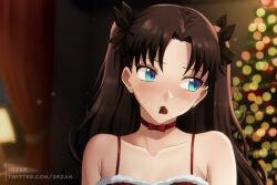 Rule 34 | 1girl, armpit crease, artist name, averting eyes, bare shoulders, blue eyes, blurry, blurry background, blush, bow, bow choker, brown hair, candy, chocolate, chocolate heart, choker, christmas, christmas tree, closed mouth, collarbone, commentary request, curtains, earrings, fate/stay night, fate (series), food, food in mouth, fur trim, hair bow, heart, highres, jewelry, light particles, long hair, mouth hold, partial commentary, red choker, solo, spaghetti strap, stud earrings, tohsaka rin, tsundere, twitter username, two side up, upper body, xkzan