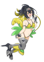 Rule 34 | 1girl, adapted costume, bikini, black hair, blonde hair, blush, boots, colored tips, commission, duel monster, feathers, fingerless gloves, full body, gloves, green eyes, green nails, hairband, high heel boots, high heels, highres, mochi curry, multicolored hair, open mouth, pixiv commission, s-force rappa chiyomaru, solo, stomach, swimsuit, thighhighs, yu-gi-oh!