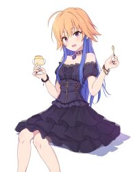 Rule 34 | 1girl, 2 nostg, bare shoulders, blue hair, bracelet, choker, collarbone, cross-laced clothes, cross-laced dress, cup, dot nose, dress, food, frilled dress, frills, from side, hair between eyes, hands up, highres, holding, holding cup, holding spoon, idolmaster, idolmaster cinderella girls, invisible chair, jewelry, layered skirt, light blush, light brown hair, long hair, looking at viewer, multicolored hair, ninomiya asuka, open mouth, pudding, purple choker, purple dress, purple eyes, short sleeves, sitting, skirt, smile, solo, spoon, strapless, strapless dress, two-tone hair, white background