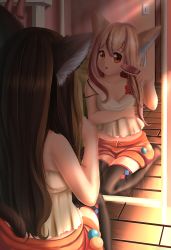 Rule 34 | 1girl, animal ears, bare shoulders, black thighhighs, brush, child, dkoro, from behind, highres, indoors, light switch, long hair, open mouth, original, reflection, running bond, sitting, solo, thighhighs, wariza, wooden floor, zettai ryouiki