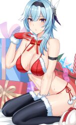 Rule 34 | 1girl, arm strap, bare shoulders, between legs, black hairband, black thighhighs, blue hair, blush, box, breasts, christmas, cleavage, closed mouth, condom, condom wrapper, eula (genshin impact), fur choker, fur trim, genshin impact, gift, gloves, hair ornament, hairband, hand between legs, hand up, highres, kneeling, large breasts, looking at viewer, medium hair, noise paper, primogem, purple eyes, red gloves, solo, thighhighs, thighs