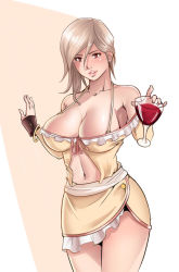 Rule 34 | 1girl, alcohol, alternate costume, bare shoulders, breasts, cup, curvy, drinking glass, female focus, highres, large breasts, looking at viewer, nakiri alice, pale skin, red eyes, shokugeki no souma, short hair, smile, solo, white hair, wine, wine glass