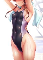 Rule 34 | 1girl, absurdres, armpits, black one-piece swimsuit, blush, breasts, brown hair, collarbone, commentary request, competition swimsuit, covered navel, cowboy shot, gluteal fold, groin, hair bun, highleg, highleg swimsuit, highres, idolmaster, idolmaster cinderella girls, long hair, ment, one-piece swimsuit, out of frame, parted lips, pool, rei no pool, sideboob, single hair bun, small breasts, swimsuit, takamori aiko, towel, two-tone swimsuit, wet, wet clothes, wet swimsuit