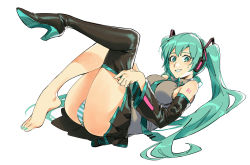Rule 34 | 1girl, absurdres, adjusting clothes, adjusting legwear, barefoot, black footwear, black skirt, black thighhighs, blue eyes, blue hair, blue nails, blue necktie, blue panties, blush, boots, breasts, closed mouth, collared shirt, detached sleeves, feet, from side, grey shirt, hatsune miku, headphones, high heel boots, high heels, highres, large breasts, long hair, long sleeves, looking at viewer, lying, nail polish, necktie, on back, panties, ruukii drift, shirt, shoulder tattoo, simple background, single thigh boot, skirt, sleeveless, sleeveless shirt, smile, solo, striped clothes, striped panties, sweat, tattoo, thigh boots, thighhighs, toenails, toes, twintails, underwear, vocaloid, white background, wing collar