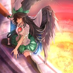 Rule 34 | 1girl, arm cannon, bird wings, black hair, black thighhighs, black wings, bow, breasts, cape, collared shirt, commentary request, control rod, embers, fang, feathered wings, fingernails, fire, foot out of frame, forge, frilled shirt collar, frilled skirt, frills, green bow, green skirt, hair between eyes, hair bow, highres, long bangs, long hair, looking at viewer, looking to the side, medium breasts, nyarocks, on one knee, open mouth, print cape, profile, puffy short sleeves, puffy sleeves, red eyes, reiuji utsuho, shirt, short sleeves, skin fang, skirt, smile, solo, starry sky print, thighhighs, third eye, touhou, v-shaped eyebrows, weapon, white cape, white shirt, wings