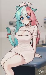 Rule 34 | 1girl, absurdres, animal ears, blue eyes, blurry, blurry background, blush, breasts, cat, cat ears, cat girl, cat tail, cleavage, hair ornament, hairclip, highres, holding, holding syringe, infirmary, long hair, looking at viewer, original, self-upload, slit pupils, smolducko, solo, syringe, tail