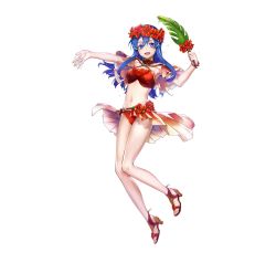 Rule 34 | 1girl, bare arms, bikini, blue eyes, blue hair, bracelet, breasts, bunbun, capelet, fire emblem, fire emblem: the binding blade, fire emblem heroes, flower, full body, hair ornament, head wreath, hibiscus, high heels, highres, holding, jewelry, legs, lilina (fire emblem), lilina (summer) (fire emblem), long hair, looking at viewer, medium breasts, navel, nintendo, official art, open mouth, red bikini, sandals, second-party source, simple background, smile, solo, stomach, swimsuit, toeless footwear, toes, transparent background, white background