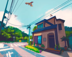 Rule 34 | blue sky, building, bush, cloud, cloudy sky, commentary, creatures (company), english commentary, flying, forest, game freak, gen 1 pokemon, grass, highres, house, mailbox (incoming mail), nature, nintendo, no humans, outdoors, pallet town, pidgeot, pidgey, plant, pokemon, pokemon (creature), potted plant, power lines, rattata, road, road sign, sign, simone mandl, sitting, sky, tree, utility pole