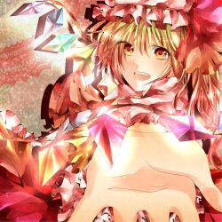 Rule 34 | 1girl, amenosaka nono, bad id, bad pixiv id, blonde hair, embodiment of scarlet devil, female focus, flandre scarlet, hair between eyes, hat, highres, mob cap, open mouth, outstretched hand, pink theme, smile, solo, touhou, wings, yellow eyes