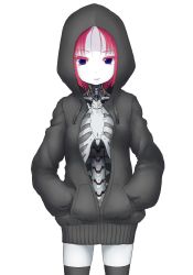 Rule 34 | 1girl, absurdres, android, black thighhighs, blue eyes, hands in pockets, highres, hood, hood up, hoodie, original, pale skin, pink hair, ribs, solo, spine, thighhighs, user rgcc3848, white background, zettai ryouiki