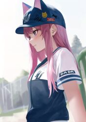 Rule 34 | 1girl, absurdres, animal ears, baseball cap, baseball uniform, blue hat, blurry, chain-link fence, closed mouth, commentary, day, depth of field, fence, from side, hat, hat with ears, highres, long hair, moshiwa (indigollite), original, outdoors, pink hair, purple eyes, short sleeves, solo, sportswear, symbol-only commentary, tree, upper body