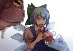 Rule 34 | 1girl, blue dress, blue eyes, blue hair, blush, bow, cirno, cirno day, collared shirt, commentary, cowboy shot, dress, flat chest, food, frog, frozen, frozen frog, green bow, hair bow, highres, ice, ice wings, lower teeth only, medium bangs, neck ribbon, open mouth, pinafore dress, puffy short sleeves, puffy sleeves, red ribbon, ribbon, sandwich, shirt, short hair, short sleeves, simple background, sleep (isliping), sleeveless, sleeveless dress, solo, symbol-only commentary, teeth, touhou, white background, white shirt, wings