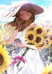 1girl adjusting_hair alternate_costume bare_arms bare_shoulders birthday blonde_hair blue_sky blush breasts brown_hair cleavage clenched_teeth cloud collarbone commentary_request cowboy_shot day dress eyelashes field fingernails flower flower_field gradient_hair hair_between_eyes hamcheeseand hand_in_own_hair hands_up hat hat_ribbon head_tilt highres holding holding_flower idolmaster idolmaster_shiny_colors izumi_mei long_bangs long_hair looking_at_viewer multicolored_hair open_mouth outdoors pink_nails pink_ribbon ribbon signature sky sleeveless sleeveless_dress smile solo standing straight-on sun_hat sunflower sunflower_field swept_bangs teeth wavy_hair white_dress white_ribbon yellow_flower