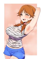 Rule 34 | 1girl, :d, ;d, animal print, arm behind head, armpits, bare arms, blue shorts, blush, breasts, breath, brown background, brown eyes, brown hair, cowboy shot, dutch angle, hand on own hip, highres, idolmaster, idolmaster cinderella girls, katagiri sanae, large breasts, looking at viewer, low twintails, minakamirin, one eye closed, open mouth, shorts, smile, solo, sweat, teeth, twintails, upper teeth only, white background, zebra print