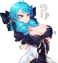 Rule 34 | 1girl, ?, ahoge, blue eyes, blue hair, blush, breasts, cleavage, close-up, drill hair, gloves, gwen (league of legends), highres, kiwoseo meogneundas, large breasts, league of legends, lipstick, long hair, makeup, matching hair/eyes, ribbon, solo, twin drills, twintails