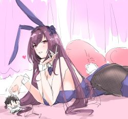Rule 34 | 1girl, =), animal ears, bed, bow, bowtie, breasts, chaldea uniform, character doll, detached collar, fake animal ears, fate/grand order, fate (series), fujimaru ritsuka (male), heart, heart in eye, highres, large breasts, bridal garter, leotard, long hair, lying, mogi yasunobu, official alternate costume, on stomach, pantyhose, parted lips, pillow, playboy bunny, rabbit ears, rabbit tail, red eyes, scathach (fate), scathach (piercing bunny) (fate), smile, symbol in eye, tail