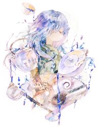 Rule 34 | 1girl, blue hair, closed eyes, cup, folding fan, from side, green kimono, hand fan, highres, japanese clothes, kazuka, kimono, long hair, original, painting (medium), solo, strainer, teacup, teapot, traditional media, upper body, watercolor (medium), white background