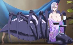 Rule 34 | 10s, 1girl, breasts, cleavage, cup, female focus, arthropod girl, japanese clothes, kimono, large breasts, looking at viewer, monster girl, monster musume no iru nichijou, rachnera arachnera, red eyes, short hair, sitting, solo, spider girl