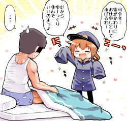 Rule 34 | 1boy, 1girl, :d, ^ ^, admiral (kancolle) (cosplay), admiral (kancolle), arm up, blush, boxers, brown hair, closed eyes, cosplay, closed eyes, fang, futon, hair ornament, hairclip, hat, herada mitsuru, ikazuchi (kancolle), kantai collection, male underwear, military, military uniform, naval uniform, open mouth, oversized clothes, pantyhose, peaked cap, short hair, smile, sparkle, sweatdrop, tank top, translated, underwear, uniform