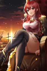 Rule 34 | 1girl, absurdres, black thighhighs, chair, collared shirt, crossed legs, epaulettes, high heels, highres, lillly, looking at viewer, military, military uniform, original, outdoors, red eyes, red hair, shirt, sitting, smile, solo, thick thighs, thighhighs, thighs, uniform